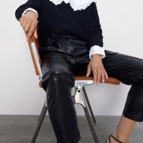 Black Zara Faux Leather Elastic Drawstring Waist Cargo Jogger Pants (NWT) - Picture 3 of 6